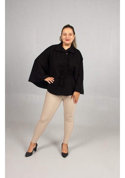 Büyük Beden Kaşe Kemerli Panço Siyah fırsatları