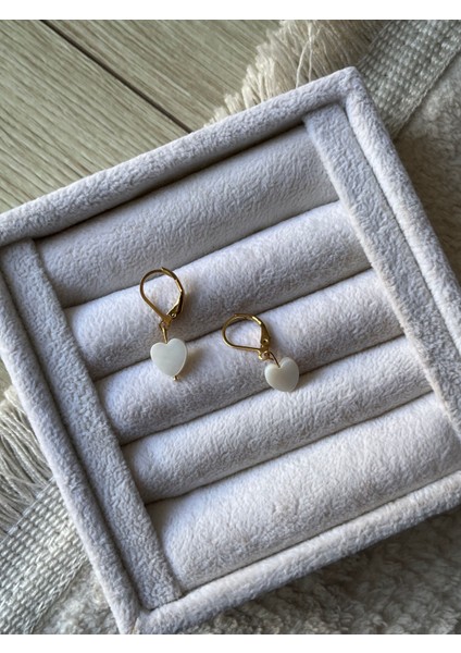 Kalp Sedef Taşı D Şekilli Altın Kaplama Küpe El Yapımı