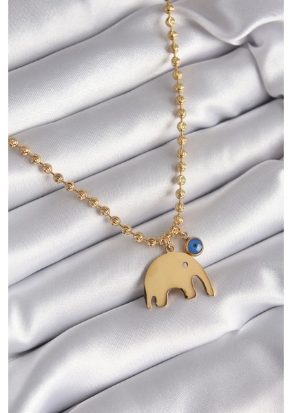 316L Çelik Gold Renk Top Zincir Model Fil Figür Nazar Boncuk Detay Kadın Kolye