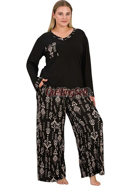 Lady Siyah Renkli ve Etnik Desenli Kadın Uzun Kol Büyük Beden Pijama Takımı