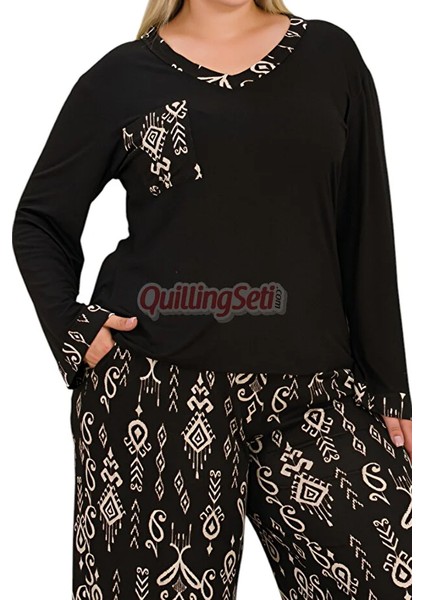 Lady Siyah Renkli ve Etnik Desenli Kadın Uzun Kol Büyük Beden Pijama Takımı fiyatları
