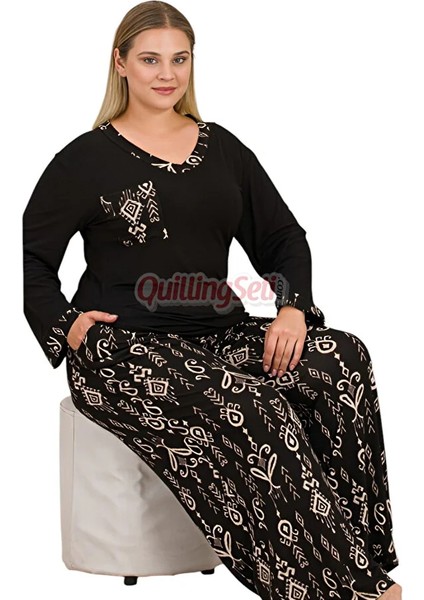Lady Siyah Renkli ve Etnik Desenli Kadın Uzun Kol Büyük Beden Pijama Takımı modelleri