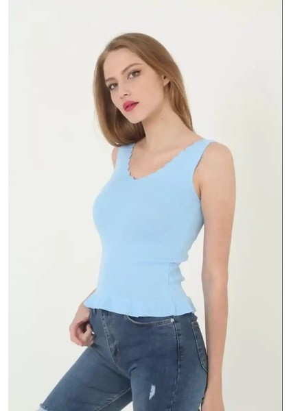 Kadın V Yaka Fırfır Detay Crop - Mor