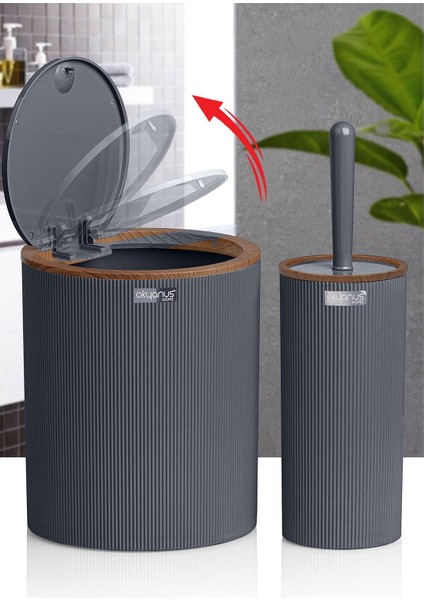 Home Ahşap Desenli Çizgili Yuvarlak 2'li Banyo Aksesuar Seti - Antrasit fiyatları