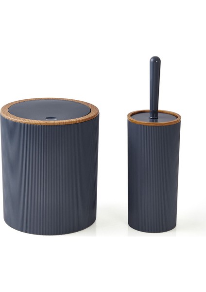 Home Ahşap Desenli Çizgili Yuvarlak 2'li Banyo Aksesuar Seti - Antrasit modelleri