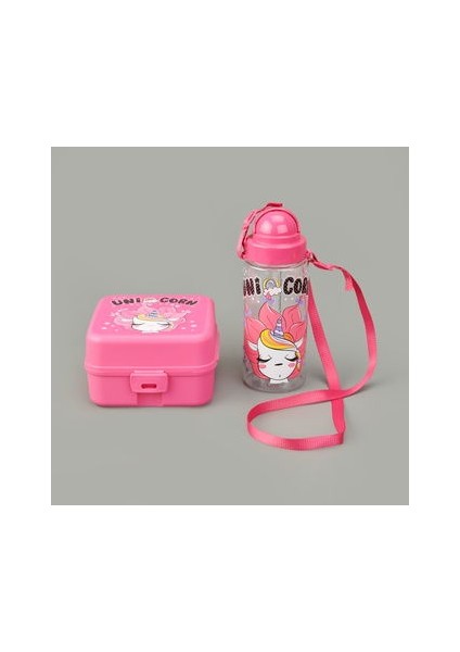 Leya Kız Çocuk Matara ve Beslenme Kutusu Seti - Pembe - 1 Lt + 500 ml