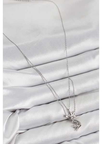 Pirinç Zirkon Taşlı Yıldız ve Ay Model Gümüş Renk Kadın Kolye fiyatları