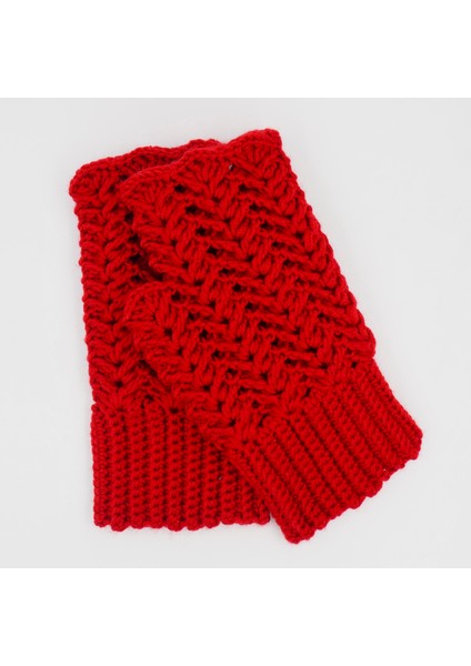 Kırmızı El Örgüsü Yetişkin Parmaksız Eldiven