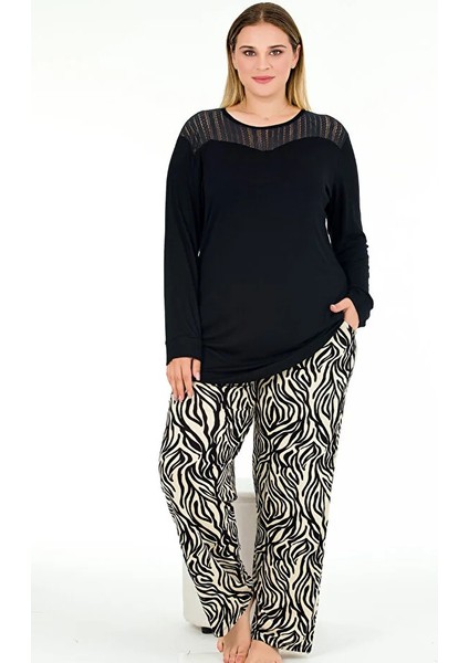 Lady Zebra Desenli Yumuşacık Pijama Uzun Kollu Omuzlar Dantel Büyük Beden Viskon Pijama Takımı