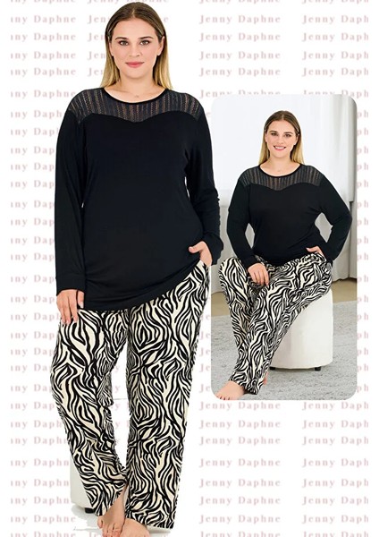 Lady Zebra Desenli Yumuşacık Pijama Uzun Kollu Omuzlar Dantel Büyük Beden Viskon Pijama Takımı modelleri