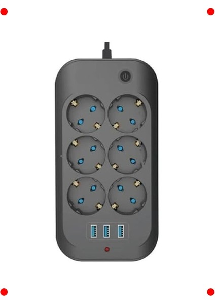 6'lı Çoklu Priz, 3 USB Portlu, Korumalı, Siyah