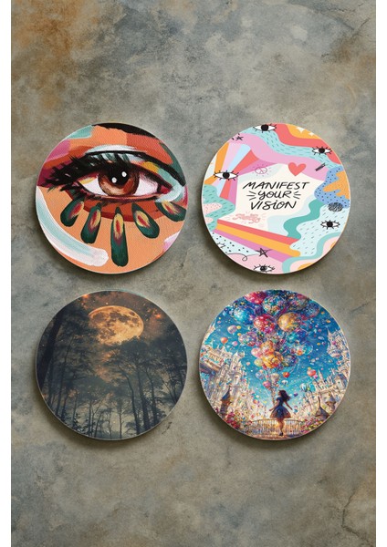 Ev Dekor Oval Pleksi Bardak Altlığı Temalı Desenli 4'lü Set Karma