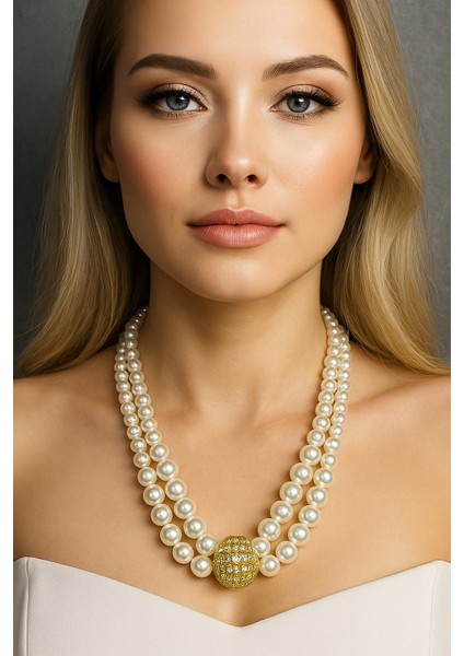 Altın Kaplama Taş Detaylı Çoklu Inci Kolye