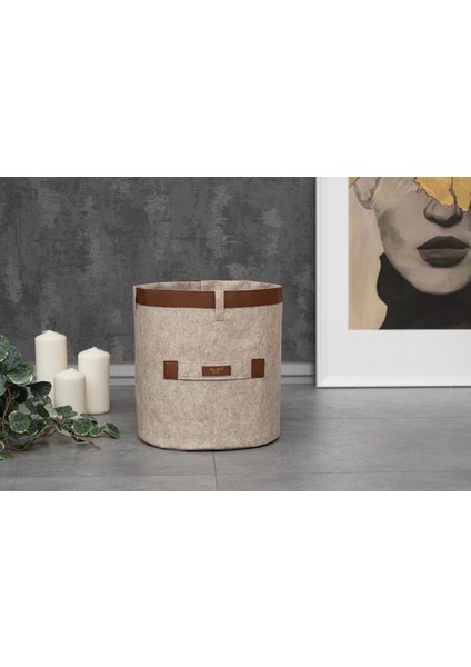 Deri Şeritli Yuvarlak Çok Amaçlı Düzenleyici Organizer Kutu Keçe Sepet (Maxi) 03815