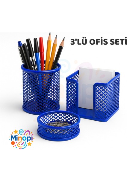 Plastik Mavi 3'lü Ofis Seti Kalemlik Ataşlık Kağıtlık Ofis Büro Düzenleyici