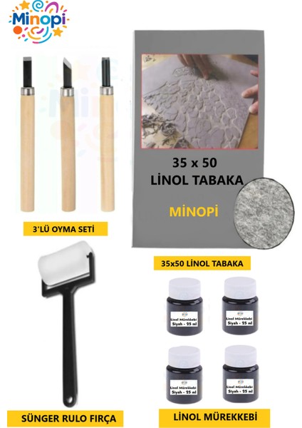 Linol Tabaka Levha 2.5 mm 35X50 cm , Siyah Mürekkep , Sünger Rulo Merdane , 3'lü Oyma Seti