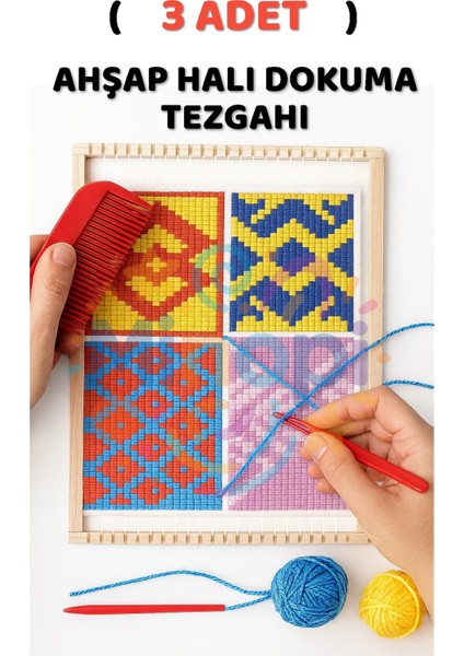 ( 3 Adet ) Ahşap Halı Dokuma Tezgahı Hobi Okul Elişi Çocuk Halı Dokuma Tezgah