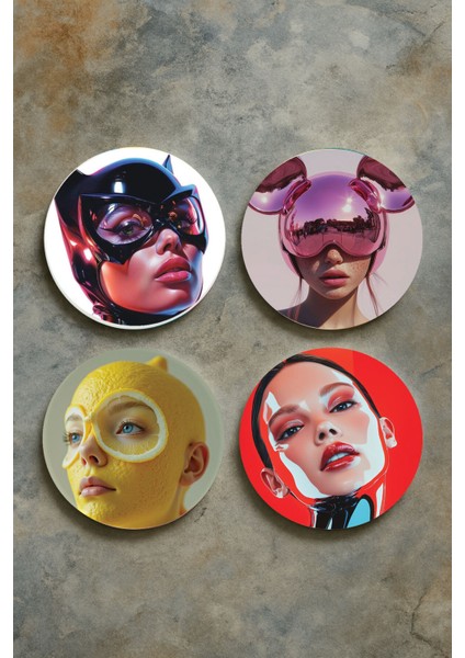 Ev Dekor Oval Pleksi Bardak Altlığı Temalı Desenli 4'lü Set Agirl