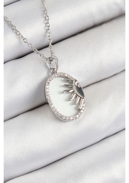 316L Çelik Zirkon Taşlı Yarım Güneş Model Gümüş Renk Kadın Kolye