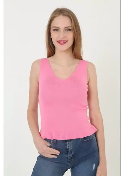 Kadın V Yaka Fırfır Detay Crop - Mor