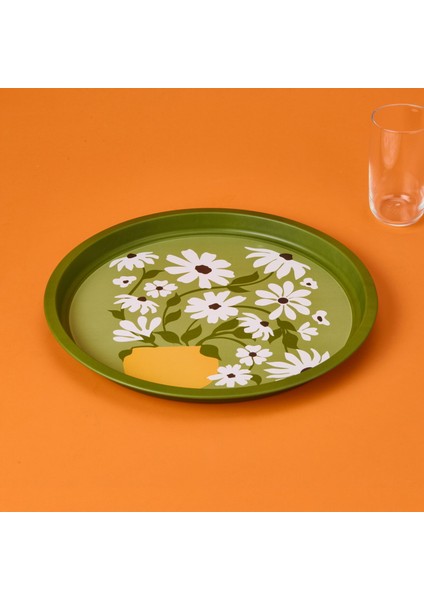 Çiçekli Tepsi - Yeşil - 35 cm