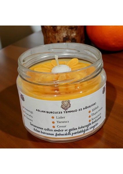 Aslan Burcu Kokulu Mum – Turuncu Soya Wax El Yapımı Amber & Gül Cam Kavanoz Mum