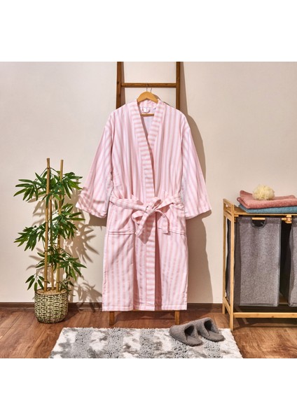 Soft Kimono Çizgili Kadın Bornoz - Beyaz / Pembe - L / Xl