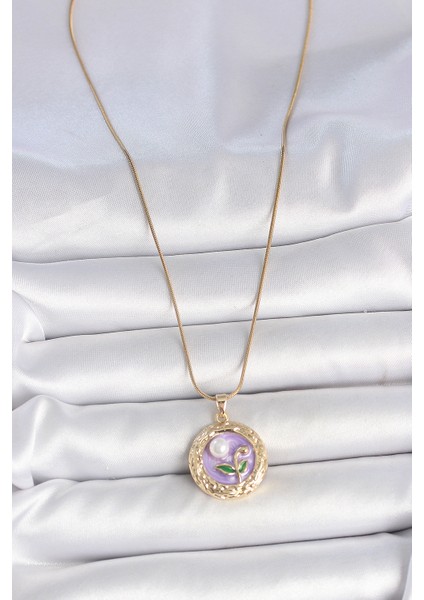 316L Çelik Gold Renk Zincir Mor Çiçek Işlemeli Inci Detay Potre Model Kadın Kolye fiyatları