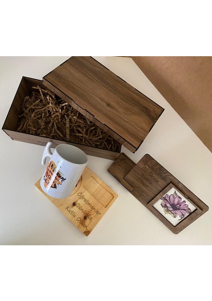 Öğretmenler Günü Hediye Seti - Ahşap Kutu, Kupa, Ahşap Çerçeve ve Altlık - Özel Tasarım Hediye