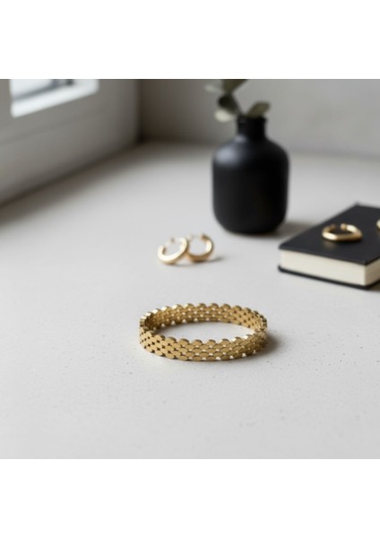 Lüks Pul Zincir Plaka Bileklik | Gold Renk 3 Sıra Çelik Hasır Kelepçe | Italyan Model Trend Bilezik modelleri