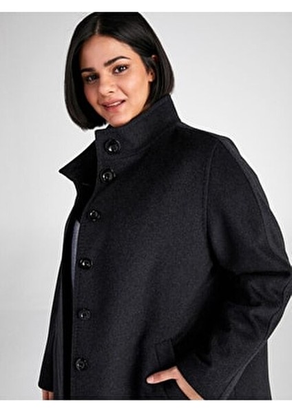 Kadın Midi Dik Yaka Kaşmir Kaban Düz Desenli Antrasit Renk 70% Yün