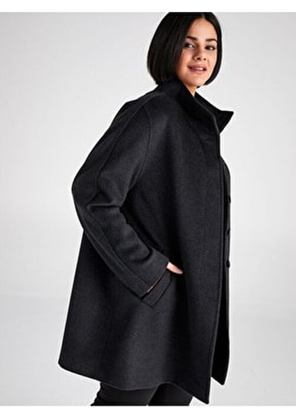 Kadın Midi Dik Yaka Kaşmir Kaban Düz Desenli Antrasit Renk 70% Yün