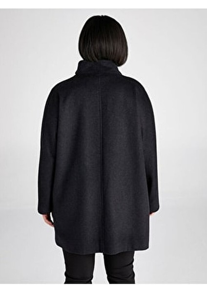 Kadın Midi Dik Yaka Kaşmir Kaban Düz Desenli Antrasit Renk 70% Yün