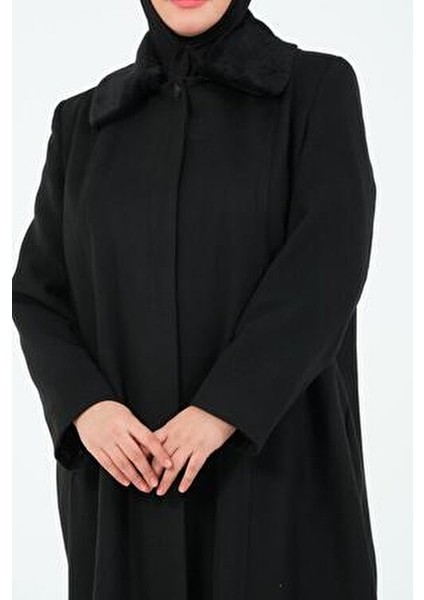 Kadın Büyük Beden Astarlı Kaşe Manto Uzun Kol Düz Siyah 140 cm