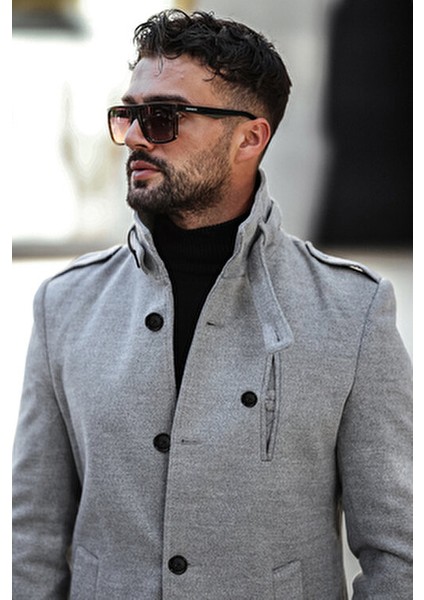 Erkek Oversize Kaşe Kaban Biker Yaka Midi Kışlık Rahat Kesim