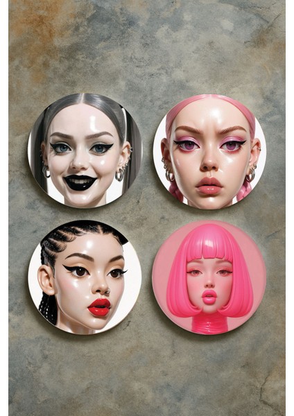 Ev Dekor Oval Pleksi Bardak Altlığı Temalı Desenli 4'lü Set Heykel Kız