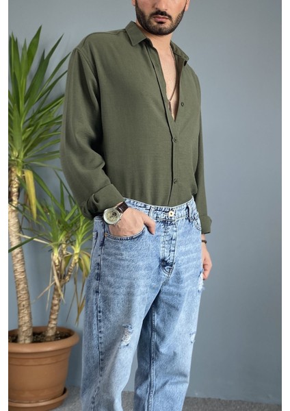 %100 Pamuk Oversize Uzun Kollu Keten Gömlek