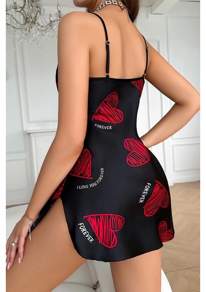 Büyük Kırmızı Kalp Desenli Siyah Saten Gecelik fırsatları