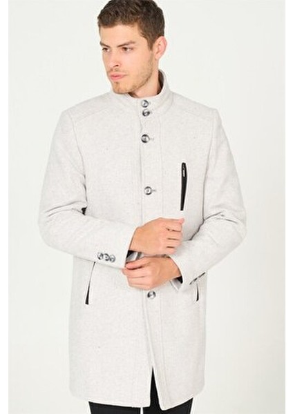 Erkek Palto Uzun Kol %70 Yün %30 Polyester Gri-Krem Renkli Şık Tasarım