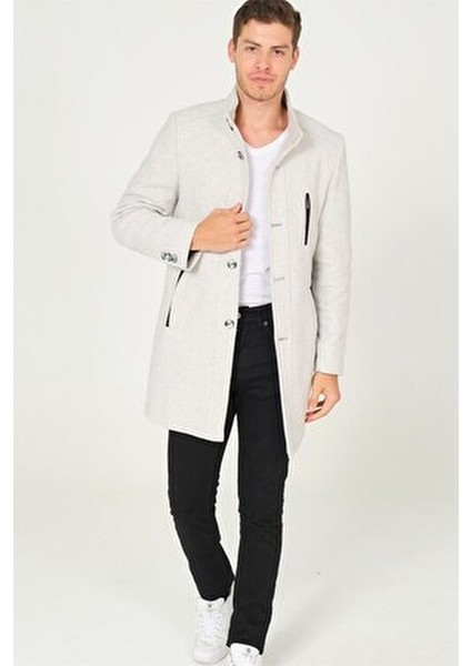 Erkek Palto Uzun Kol %70 Yün %30 Polyester Gri-Krem Renkli Şık Tasarım