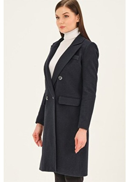 Kadın Midi Palto Yün Karışımlı Uzun Kol Lacivert Renk Şık Tasarım