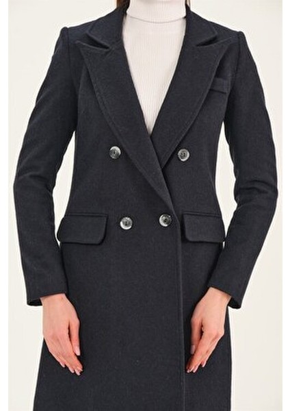 Kadın Midi Palto Yün Karışımlı Uzun Kol Lacivert Renk Şık Tasarım