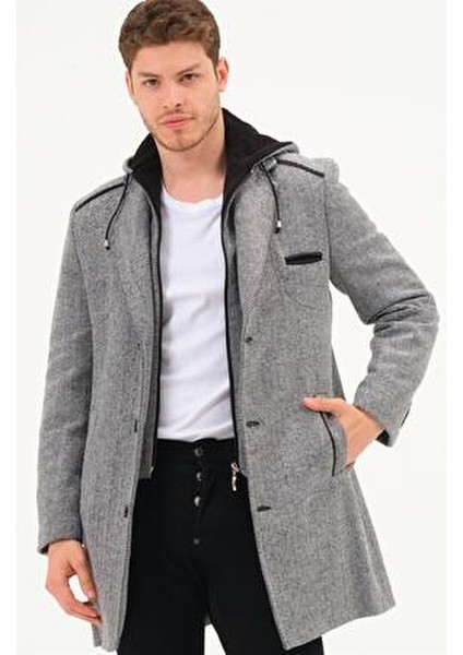 Erkek Palto %70 Yün %30 Polyester Uzun Kol Midi Siyah-Gri Desenli