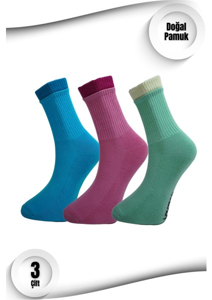 Kadın Spor Çorap 3'lü Set – Çift Lastik | Doğal Pamuk | Havlu Taban | Dikişsiz Çorap