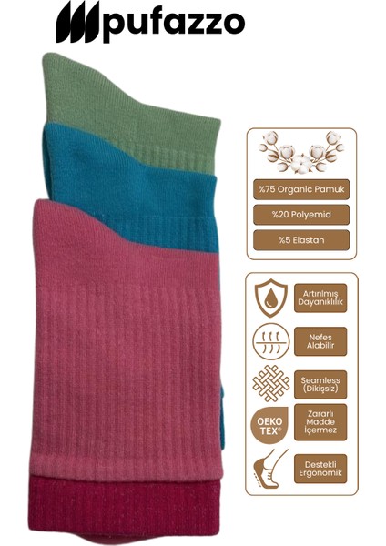 Kadın Spor Çorap 3'lü Set – Çift Lastik | Doğal Pamuk | Havlu Taban | Dikişsiz Çorap