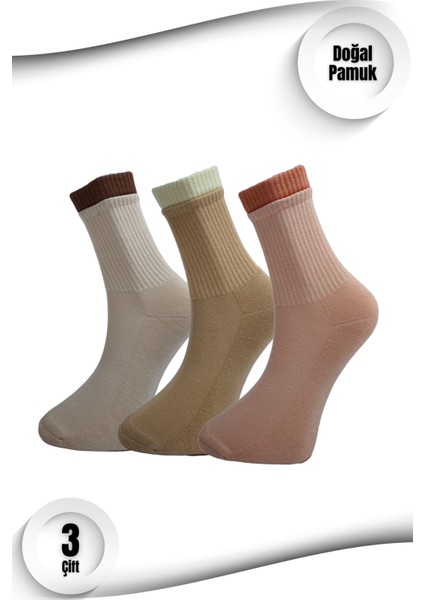 Kadın Spor Çorap 3'lü Set – Çift Lastik | Doğal Pamuk | Havlu Taban | Dikişsiz Çorap