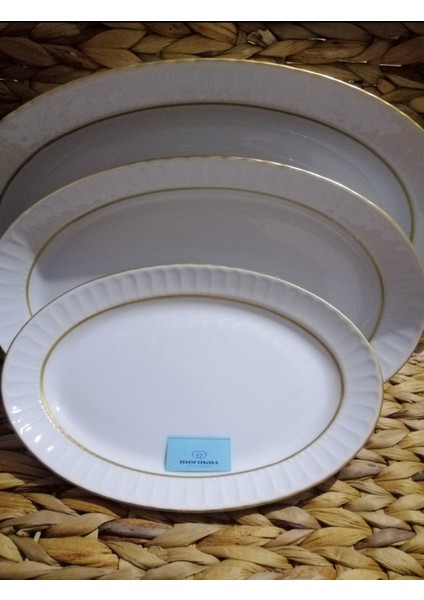 Porselen Sedef Mat Yaldız 3 'lü Salata Sunum Kayık Tabak(35 CM,30CM,25CM)