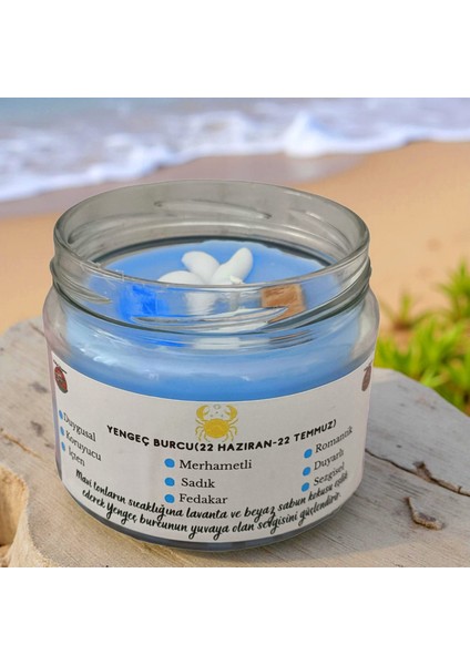 Yengeç Burcu Kokulu Mum – Açık Mavi Soya Wax El Yapımı Lavanta & Beyaz Sabun Mum