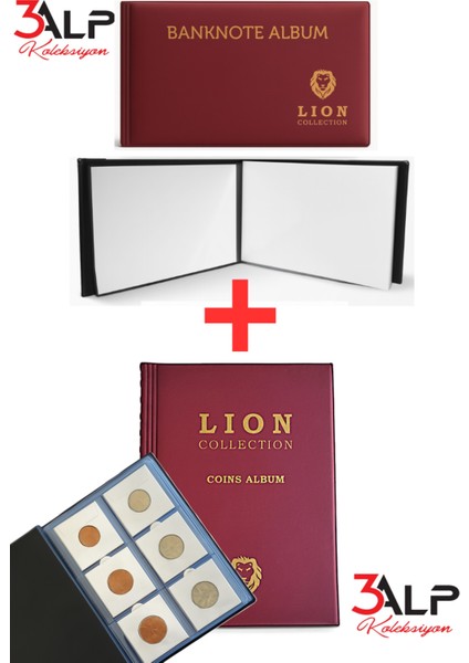 Mini Cep Albümü Seti-72 Gözlü Kapamalı Madeni ve Mini Kağıt Para Cep Defteri Albümü (2’li Set)-Bordo