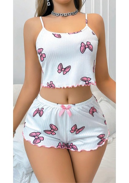 Kurdele Desenli Beyaz Şortlu Mini Pijama Takımı